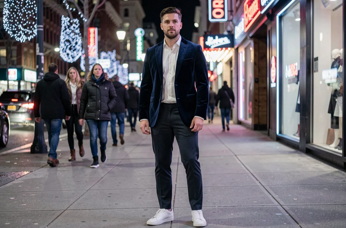 Homme en blazer velours marine et sneakers blanches pour une tenue tendance Nouvel An en ville