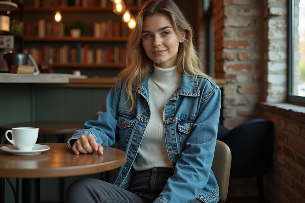 Femme en veste en jean vintage et tenue moderne assise dans un café aux murs en briques