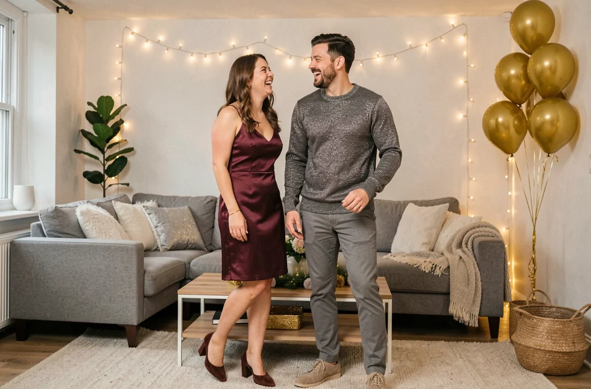 Deux amis en tenues tendance et abordables pour le réveillon du Nouvel An dans un salon décoré de guirlandes