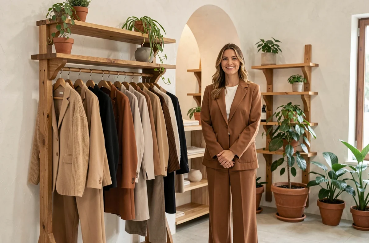 Femme souriante dans la boutique Thamea à Bordeaux, vêtements féminins contemporains en tons naturels