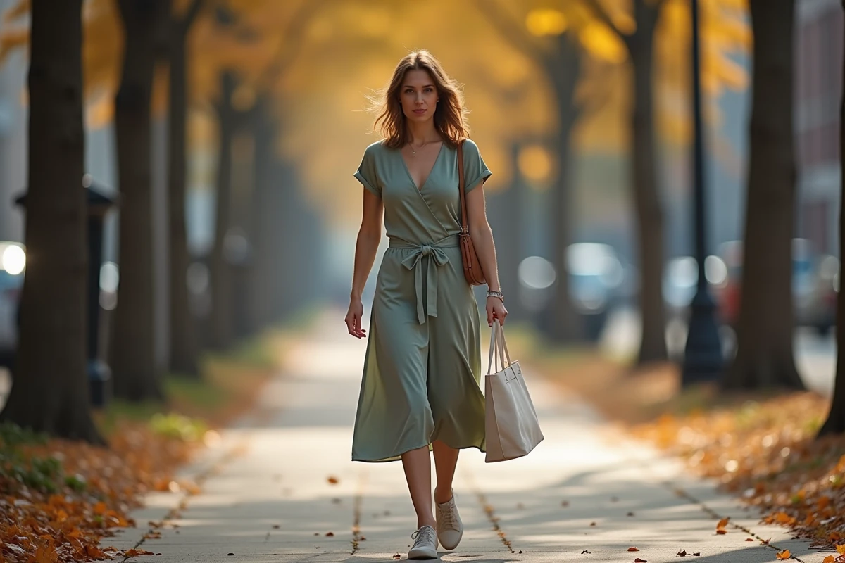 Femme en robe midi Thehalara marchant dans une rue urbaine en automne, style street photo éditorial