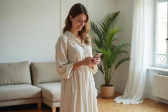 Femme portant une robe Thehalara confortable en tissu côtelé dans un appartement parisien lumineux