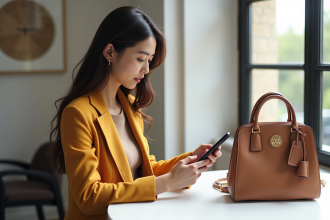 Personne stylée utilisant son smartphone avec l'application Vestiaire Collective