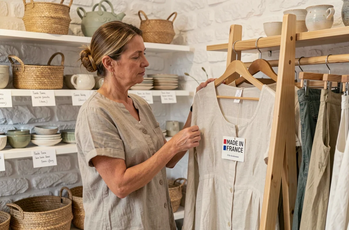 Intérieur du concept-store Valeur Ajoutée à Montpellier avec une femme examinant une robe en lin Made in France sur un portant en bois