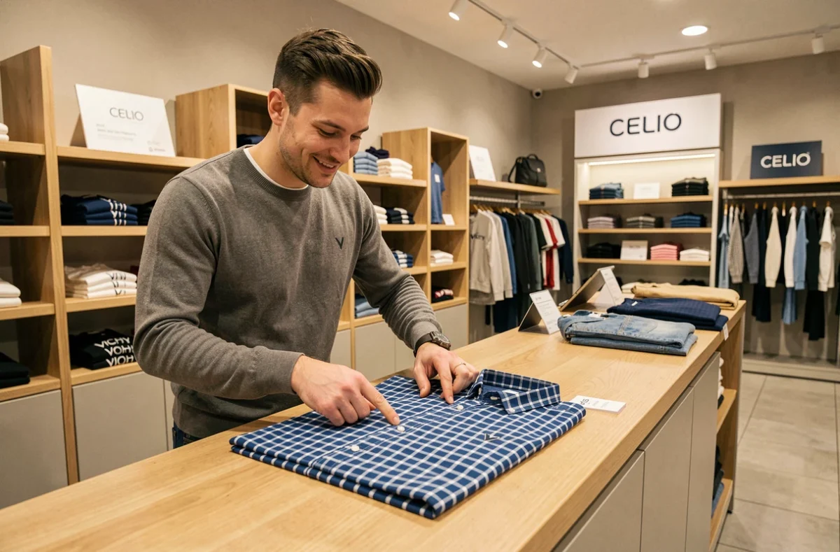 Vendeur Celio conseillant un client sur la taille d'une chemise à carreaux Vichy au comptoir du magasin
