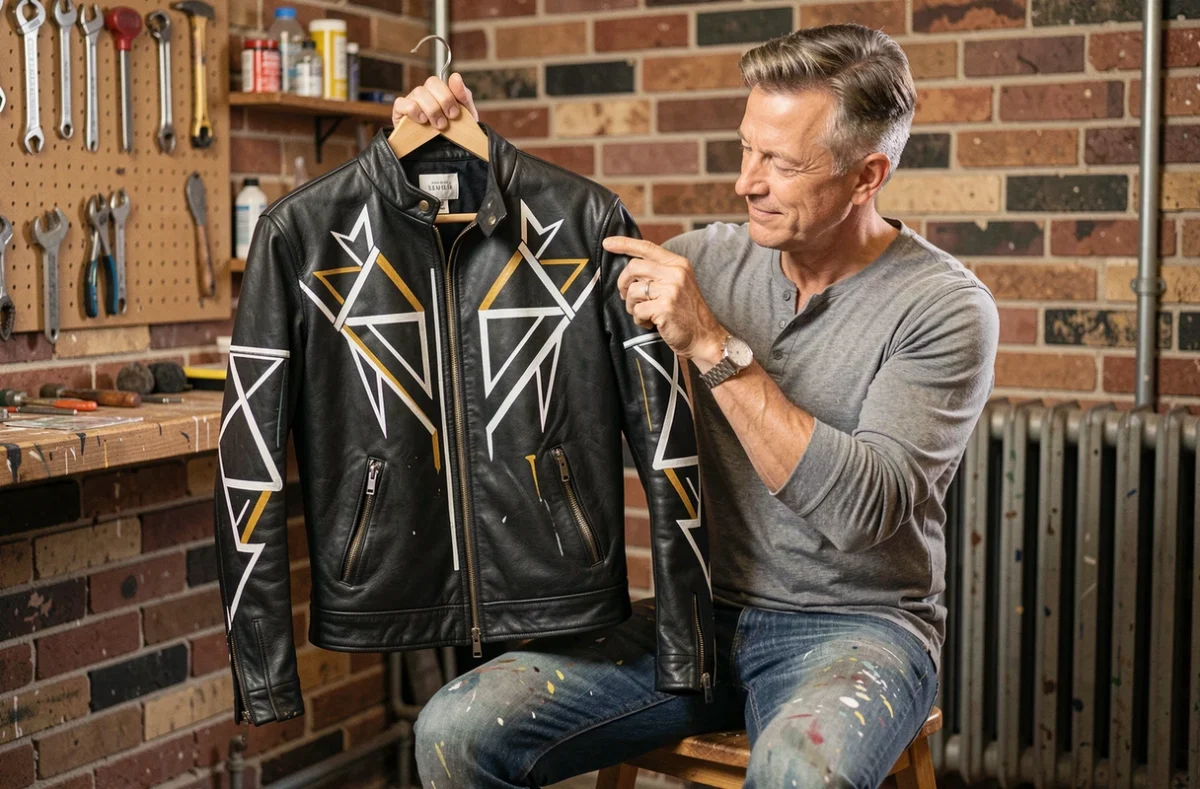 Homme tenant une veste en cuir personnalisée avec motifs peints à la main dans un studio créatif urbain
