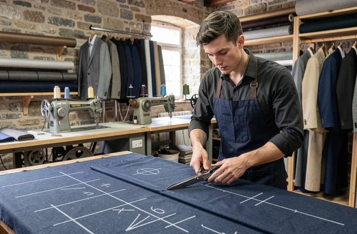 Artisan de Vestibus Club découpant du tissu sur mesure pour la confection d'un costume