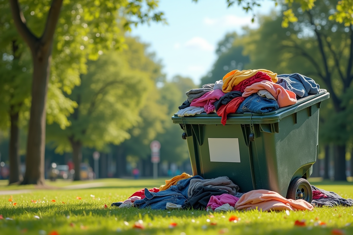 Vieux vêtements colorés dans un bac de don dans un parc ensoleille