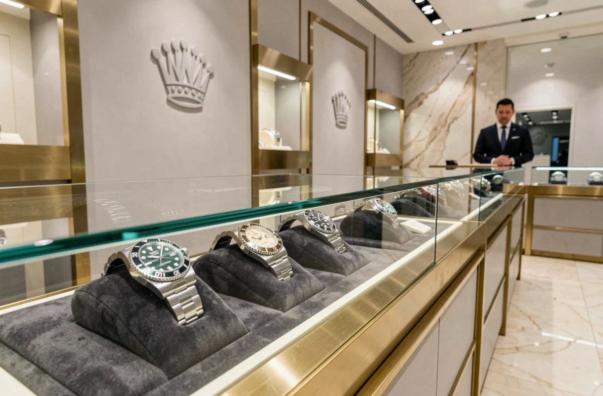 Vitrine de montres Rolex dans une boutique officielle suisse de luxe